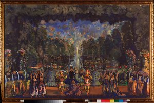 La ceremonia turca. Decoración preparatoria para la obra ""Le bourgeois gentilhomme"" de Moliere (1622-1673). Obra de Nikolai Nikolayevich Sapunov (Sapunov) (1880-1912), témpera sobre lienzo de Nikolaj Nikolaevic Sapunov