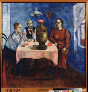 La hora del té (Escena de la vida cotidiana, una triste familia bebiendo té reunida en torno a un samovar) - Bebiendo té - Pintura de Nikolai Vladimirovich Sinezubov (Nicolas Sinezouboff) (1891-1956), óleo sobre lienzo de Nikolay Vladimirovic Sinezubov