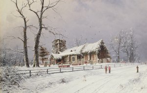 Escena de invierno con figuras en un camino cerca de una iglesia de Nils Hans Christiansen