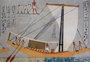 Velero y remos, copia de un fresco de la tumba de Kaemronkh VI, Giza, IV dinastía, lámina de Ancient Egyptian Paintings, por Nina Davies de Nina de Garis Davies