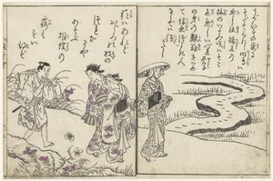 Excursionistas en un paisaje con flores. de Nishikawa Sukenobu (attributed to)