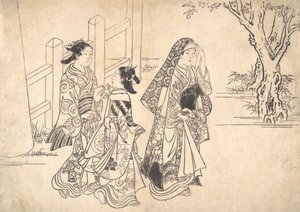 Una cortesana seguida por dos asistentes de Nishikawa Sukenobu