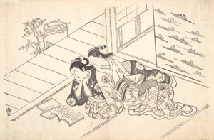 Dos mujeres reclinadas en el suelo de una habitación leyendo un libro, ca. 1730 de Nishikawa Sukenobu