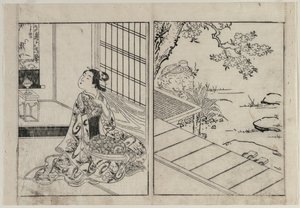 Mujer mirando un pergamino colgante, c. 1740s de Nishikawa Sukenobu