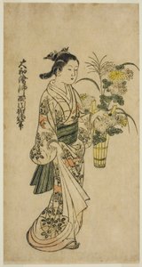 Joven niña llevando un arreglo floral de Nishikawa Sukenobu