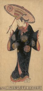 El actor Arashi Wakano como un joven wakashu en un impermeable kappa, ca. 1725 de Nishikawa Yoshinobu