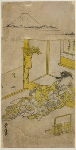 Joven mujer durmiendo con el Monte Fuji arriba de Nishimura Shigenaga