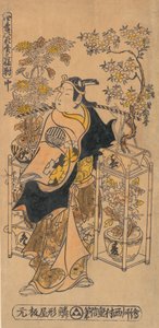 El actor Ogino Isaburo como un vendedor de flores itinerante, ca. 1738