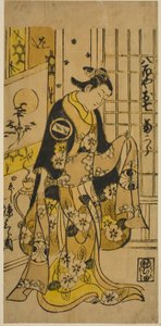 El actor Segawa Kikujiro I como Oshichi en la obra "Shochikubai Kongen Soga," representada en el Teatro Ichimura en el tercer mes, 1732