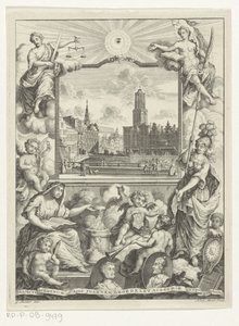 Stadsgezicht met Domkerk te Utrecht en allegorie met Utrechtse stedenmaagd Titelpagina voor: Elias de Vries, Dissertatio juridica, de jure naturale ac gentium, seu duobus prioribus juris fontibus, 1745. de Noach van der Meer (I)