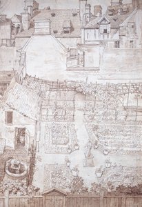 Un jardín de una casa de ciudad, con parterres y pérgola de vid, rodeado de edificios, c.1677 de Noel Gasselin