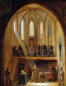 Detalle de "Galileo (1564-1642) ante el Tribunal de la Inquisición" El astrónomo italiano Galileo Galilei fue condenado en 1633 por su trabajo en defensa de la teoría del modelo heliocéntrico del universo de Copérnico. Cuadro de Joseph Clerian (1796-1842) de Noel Thomas Joseph Clerian