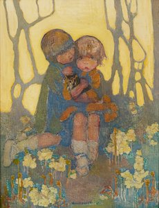 Hermanas con un gatito (óleo sobre lienzo)