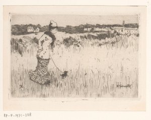 Señora que camina con el perro en un paisaje de Norbert Goeneutte
