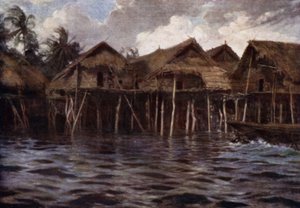 Pueblo Motu desde el mar (litografía en color) de Norman Hardy