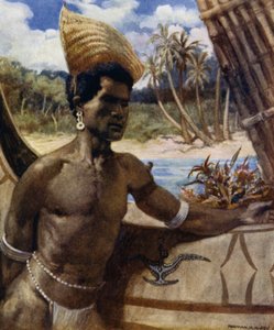 Nativo de Nueva Georgia con Sombrilla; una especie de sombrero sin corona hecho de hierbas, se puede usar en cualquier ángulo de Norman Hardy