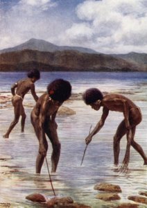 Buscando pequeños pulpos en el arrecife durante la marea baja, Samari, Nueva Guinea Británica