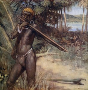 Isleño de las Salomón tocando el "Ivivu" o Flauta de Norman Hardy
