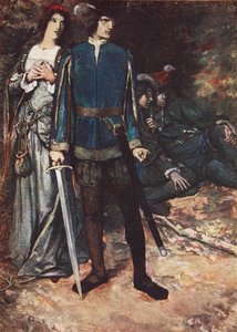 "Te desafío a que respires sobre mi amor", Dos caballeros de Verona, Acto V Escena 4, ilustración de "Tales from Shakespeare" de Charles y Mary Lamb