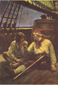 El barril tembló cuando apoyó su hombro en él, de La isla del tesoro publicada por MacDonald 1947 (litografía en color) de Norman Mills Price