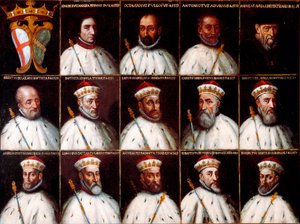 Escudo de armas de la República de Génova y retratos de los Dux - Simone Boccanegra, Ottaviano Fregoso y Antoniotto II Adorno; Andrea Doria. Oberto Cattaneo Lazzari, Battista Spinola, Battista Lomellini, Cristoforo Grilaldi Rosso, Giovanni Battista Doria de Northern Italian School
