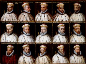 Escudo de armas de la República de Génova y retratos de los Dux. Gio. Battista Gentile Pignolo, Nicolò Doria, Gerolamo De Franchi Toso, Gerolamo Chiavari, Ambrogio Di Negro, Davide Vacca (o Vaccari), Battista Negrone, Gio Giustiniani Campi, Antonio Grimald de Northern Italian School