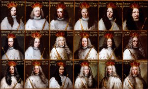 Escudo de armas de la República de Génova y retratos de los Dux. Giovanni Battista Cattaneo, Francesco Invrea, Negrone Bendinelli, Francesco Maria Sauli, Girolamo De Mari, Federico De Franchi, Antonio Cebà Grimaldi, Onorato Stefano Ferreti, Domenico De Mar de Northern Italian School