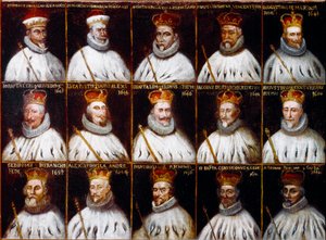 Escudo de armas de la República de Génova y retratos de los dogos. Giovanni Stefano Doria, Francesco Gio. Brignole Sale, Agostino Pallavicini, Giov.Battista Durazzo, Agostino Giovanni De Marini, Giovan Battista Lercari, Luca Giustiniani, Giovanni Battista  de Northern Italian School