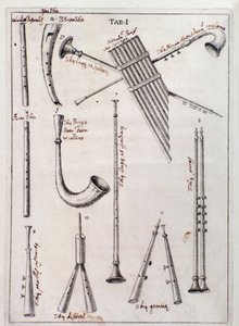 Instrumentos de viento. Página de "de Tribus Generibus Instrumentorum Musicae Veterum", obra sobre instrumentos antiguos de Francesco Bianchini