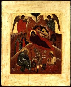 Icono de la Natividad, la Adoración de los Magos y la Tentación de San José