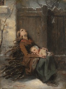 Madre muerta indigente sosteniendo a su hijo dormido en invierno, c. 1850 de Octave Tassaert