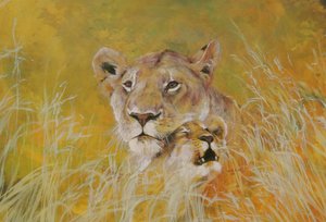 Madre y bebé I (Leones) 1995 (tintas, acrílicos y lápiz sobre papel) de Odile Kidd