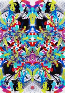 Zen Ink Blue Red Yellow Floral Pattern, 2023 (acrílico sobre papel, digital) de Odilia W. Y. Fu