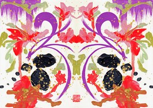 Zen Orange Purple Flowers 1, 2021 (acrílico sobre lienzo, digital) de Odilia W. Y. Fu