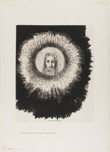 Y en el mismo disco del sol ilumina el rostro de Jesucristo, lámina 10 de La tentación de San Antonio (1ª serie) de Odilon Redon