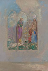 Devoción cerca de un arbusto rojo de Odilon Redon