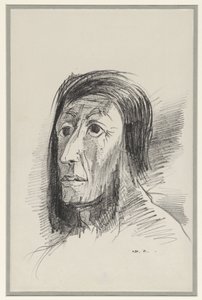 Cabeza enmarcada por pelo negro con ojos muy abiertos y entablillados de Odilon Redon