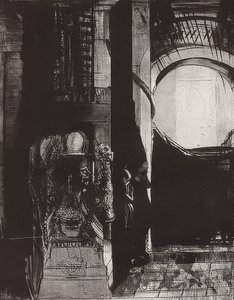 Y por todas partes hay columnas de basalto, la luz cae de las bóvedas, Hoja 3 de la serie La tentación de San Antonio de Odilon Redon