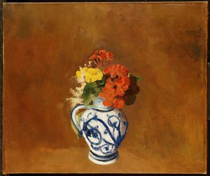 Geranios y otras flores en un jarrón de gres de Odilon Redon