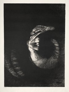 Es un cráneo coronado con rosas. Domina el torso de una mujer de blancura nacarada de Odilon Redon