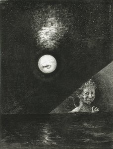 En el horizonte, el ángel de la certidumbre, y en el cielo oscuro, una mirada interrogante. Serie: Para Edgar de Odilon Redon