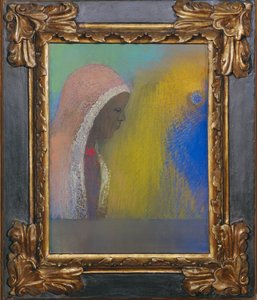 Perfil de mujer con velo rosa (pastel sobre papel) de Odilon Redon
