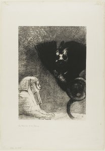 La Esfinge: "...mi mirada que nada puede desviar, pasando a través de los objetos, permanece fija en un horizonte inaccesible." La Quimera: "En cuanto a mí, soy ligera y alegre," lámina 5 de A Gustave Flaubert