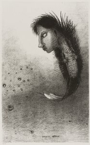 Entonces aparece un ser singular, con cabeza de hombre en el cuerpo de un pez, placa 5 de 10 de Odilon Redon