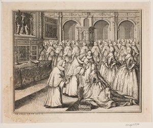 El obispo Hersleb unge a la Reina Luisa en la Iglesia del Castillo de Frederiksborg. Ilustración para el acto de unción de Federico IV