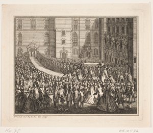 Rey Federico V en procesión a la ceremonia de unción en la iglesia del castillo de Frederiksborg. Ilustración para el acto de unción de Federico IV de Odvardt Helmoldt de Lode