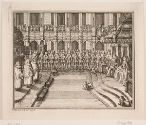 El rey Federico V y la reina Luisa durante la ceremonia de unción en la iglesia del castillo de Frederiksborg. Ilustración para el acto de unción de Federico IV de Odvardt Helmoldt de Lode