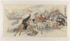 La difícil batalla en Feng Huang Cheng Hôôjô ni shôshi funtô no zu (título sobre el objeto) de Ogata Gekko