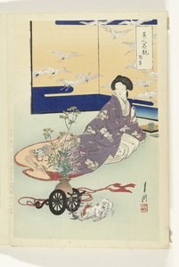 Perro jugando con carro de flores Comparaciones entre bellezas y flores (título de la serie) Bijin hana kurabe (título de la serie sobre el objeto) de Ogata Gekko