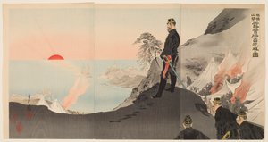 Oficiales y hombres admirando el sol naciente mientras vivaquean en las montañas de Port Arthur de Ogata Gekko